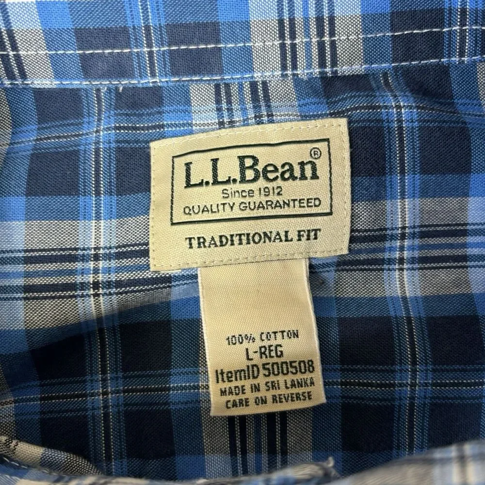 LL Bean Shirt Mens L Blue Plaid Traditional Fit Long Sleeve 500508 Crisp‎ Cotton